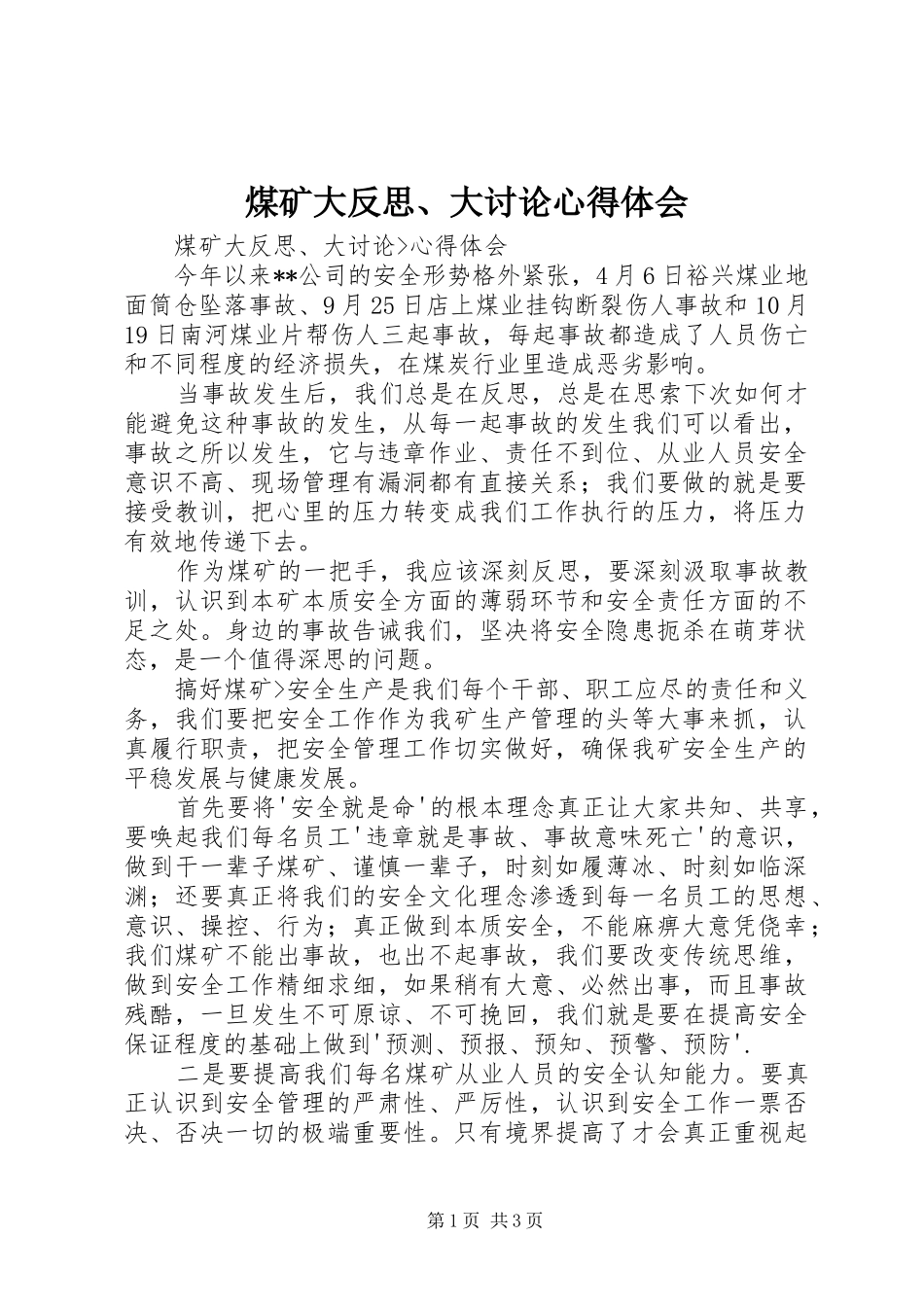 煤矿大反思、大讨论体会心得_第1页