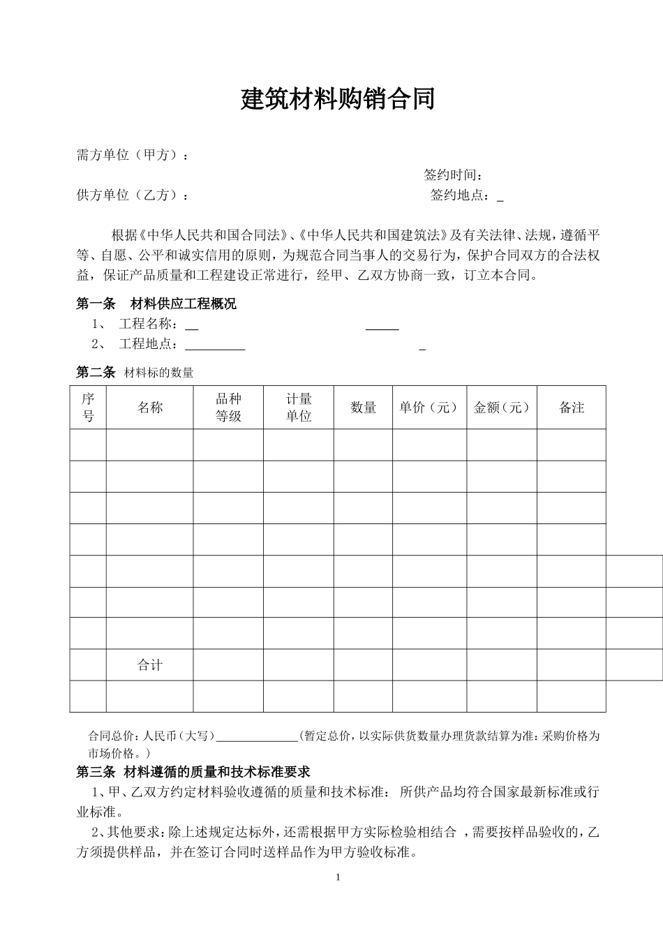 建筑材料购销合同(样本)_第1页