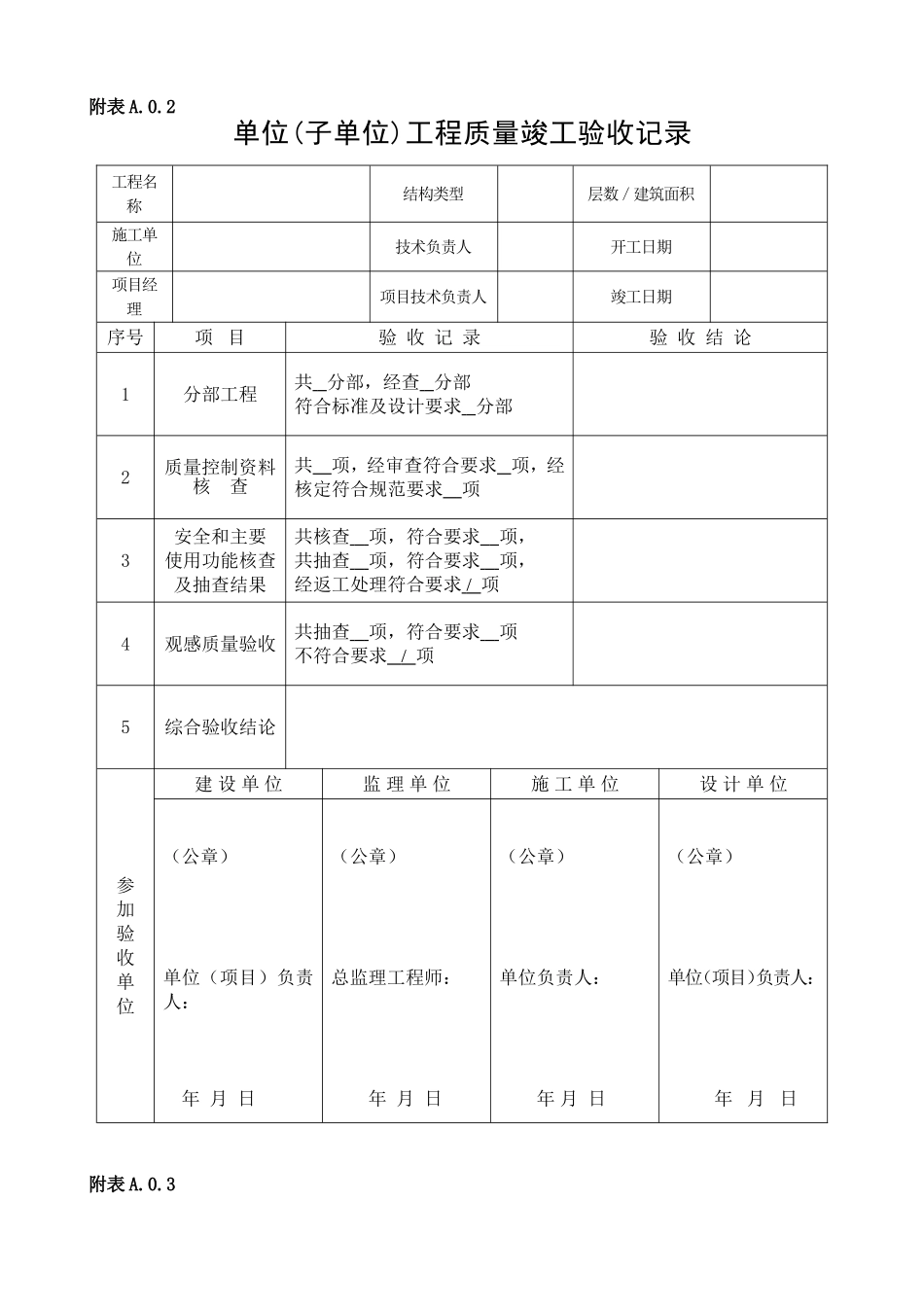 单位工程竣工验收记录表(四统表)_第1页