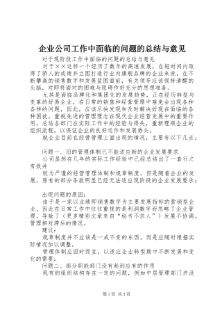 企业公司工作中面临的问题的总结与意见 