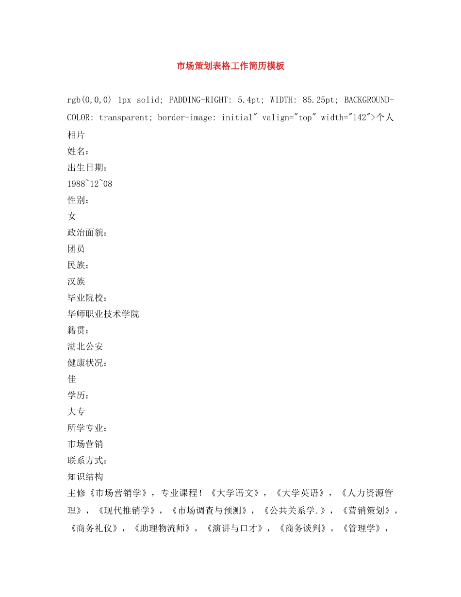 市场策划表格工作简历模板 _第1页