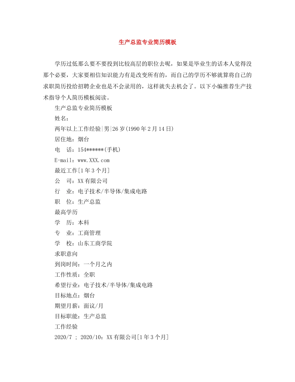 生产总监专业简历模板 _第1页