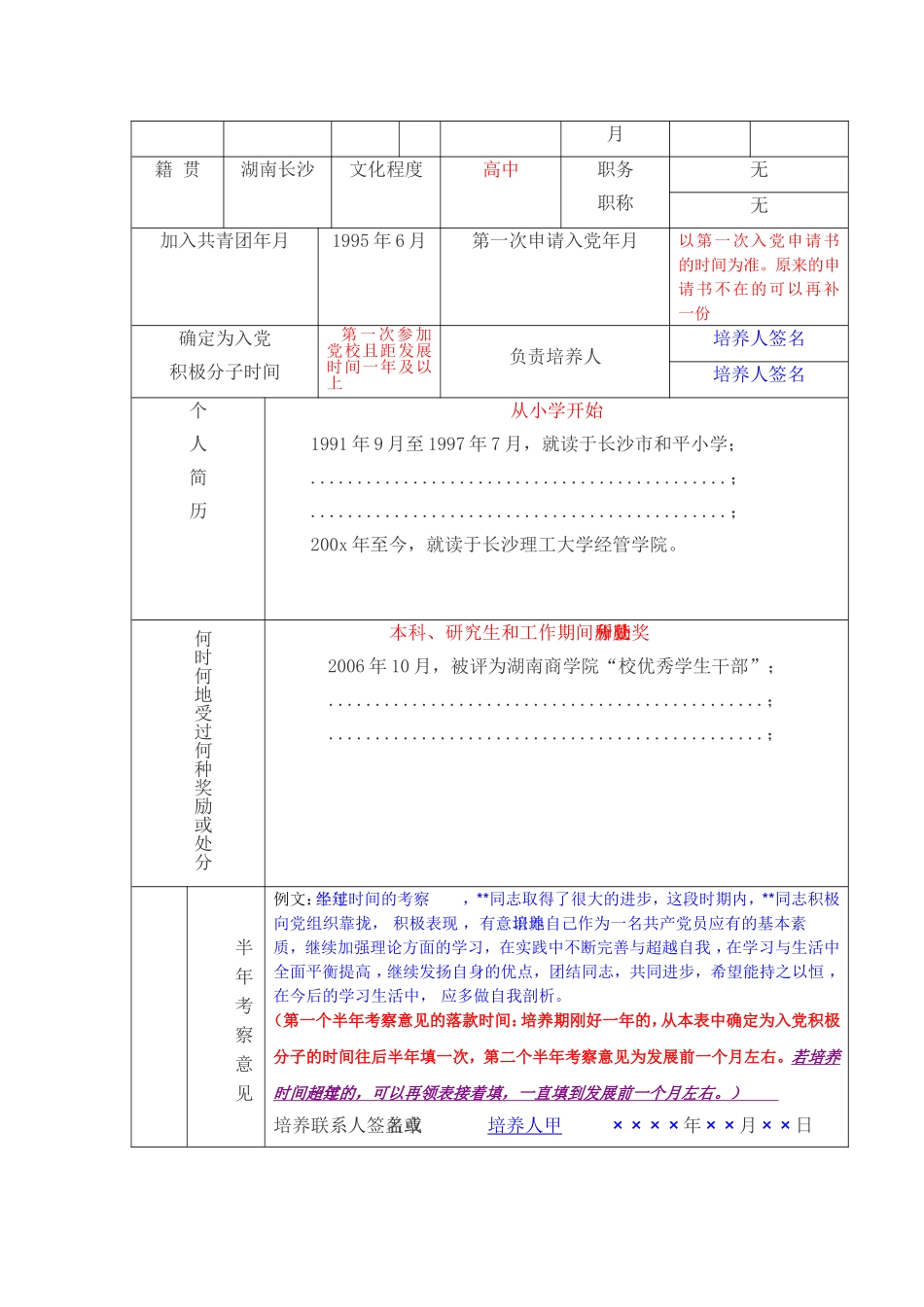 入党积极分子考察培养登记表填写范本_第2页