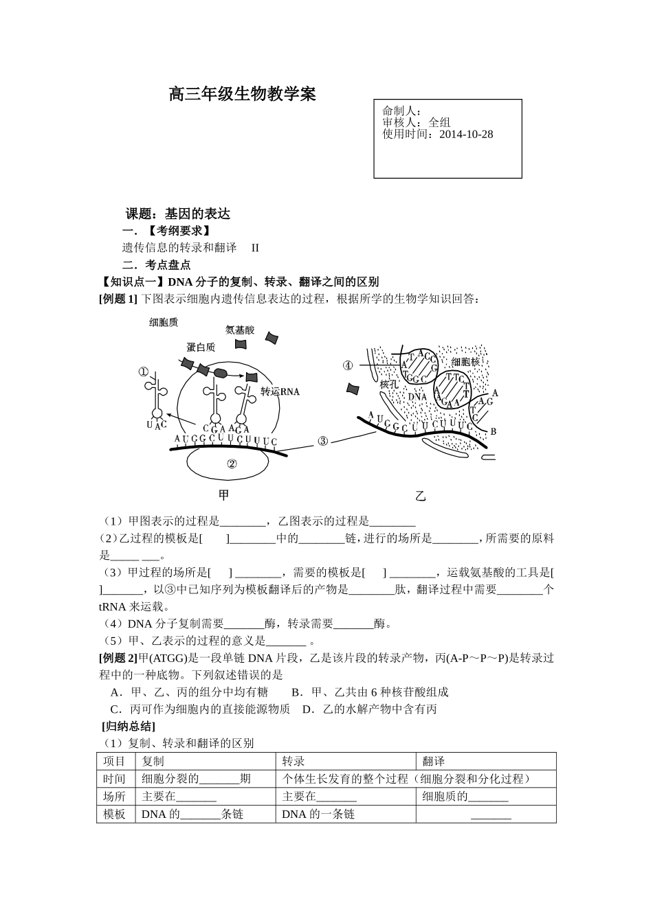 基因的表达--一轮复习学案_第1页