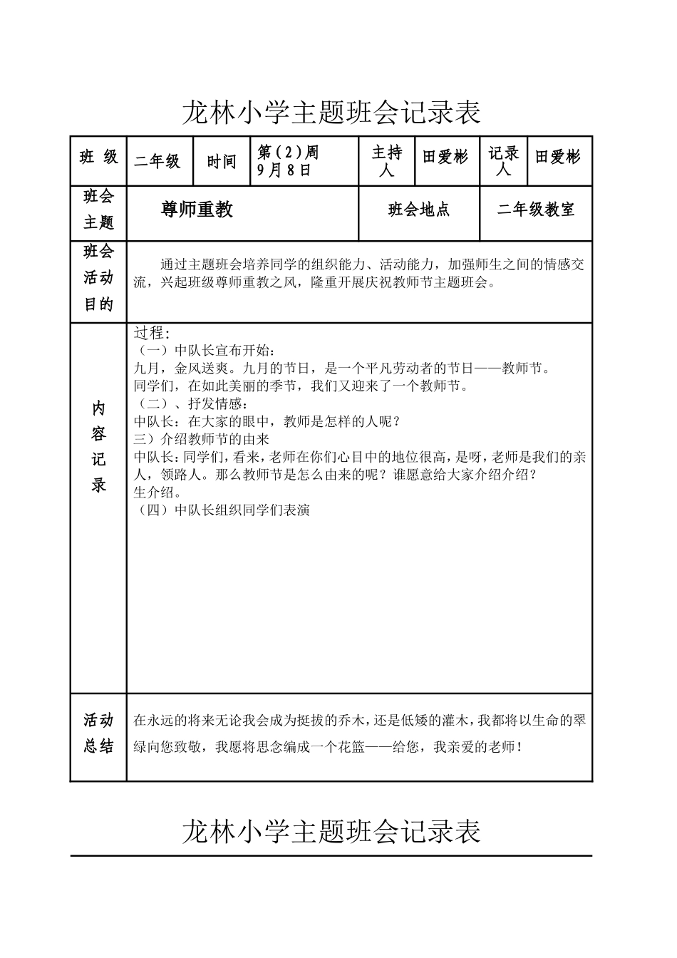二年级主题班会记录表_第2页