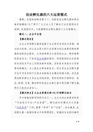 创业孵化器的六大运营模式