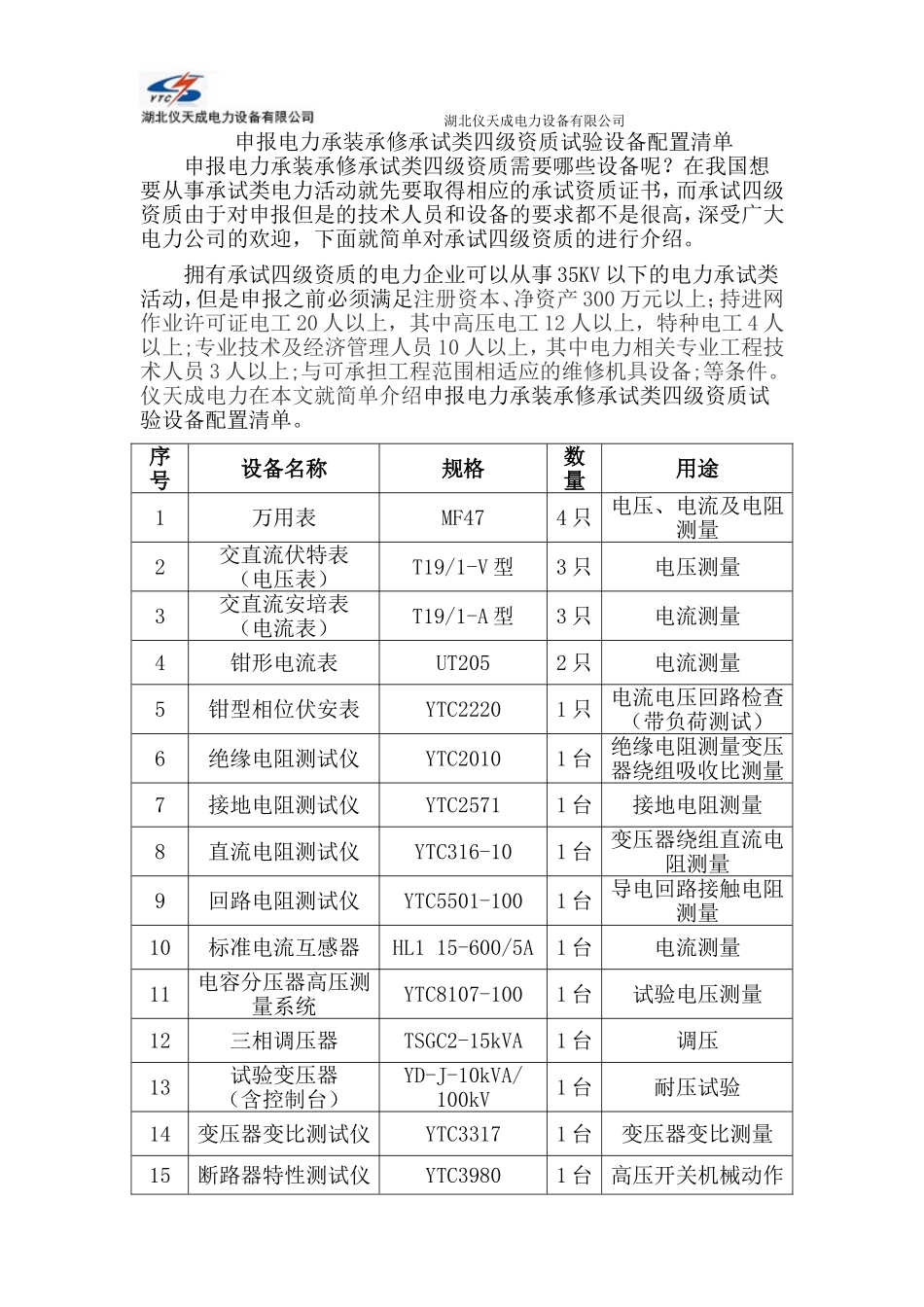 申报电力承装承修承试类四级资质试验设备配置清单_第1页