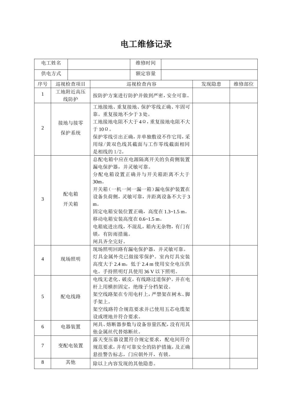 电工巡视维修记录表(含内容)_第1页