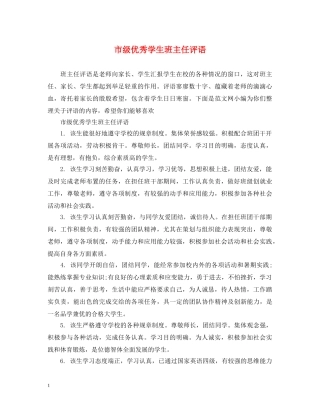 市级优秀学生班主任评语 