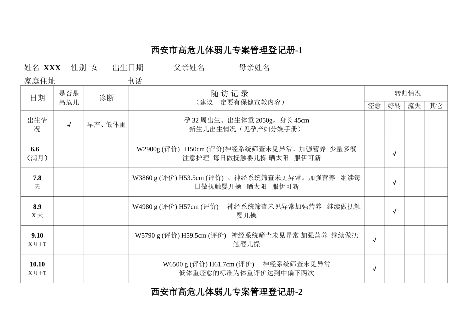 高危儿体弱儿登记表示范_第1页