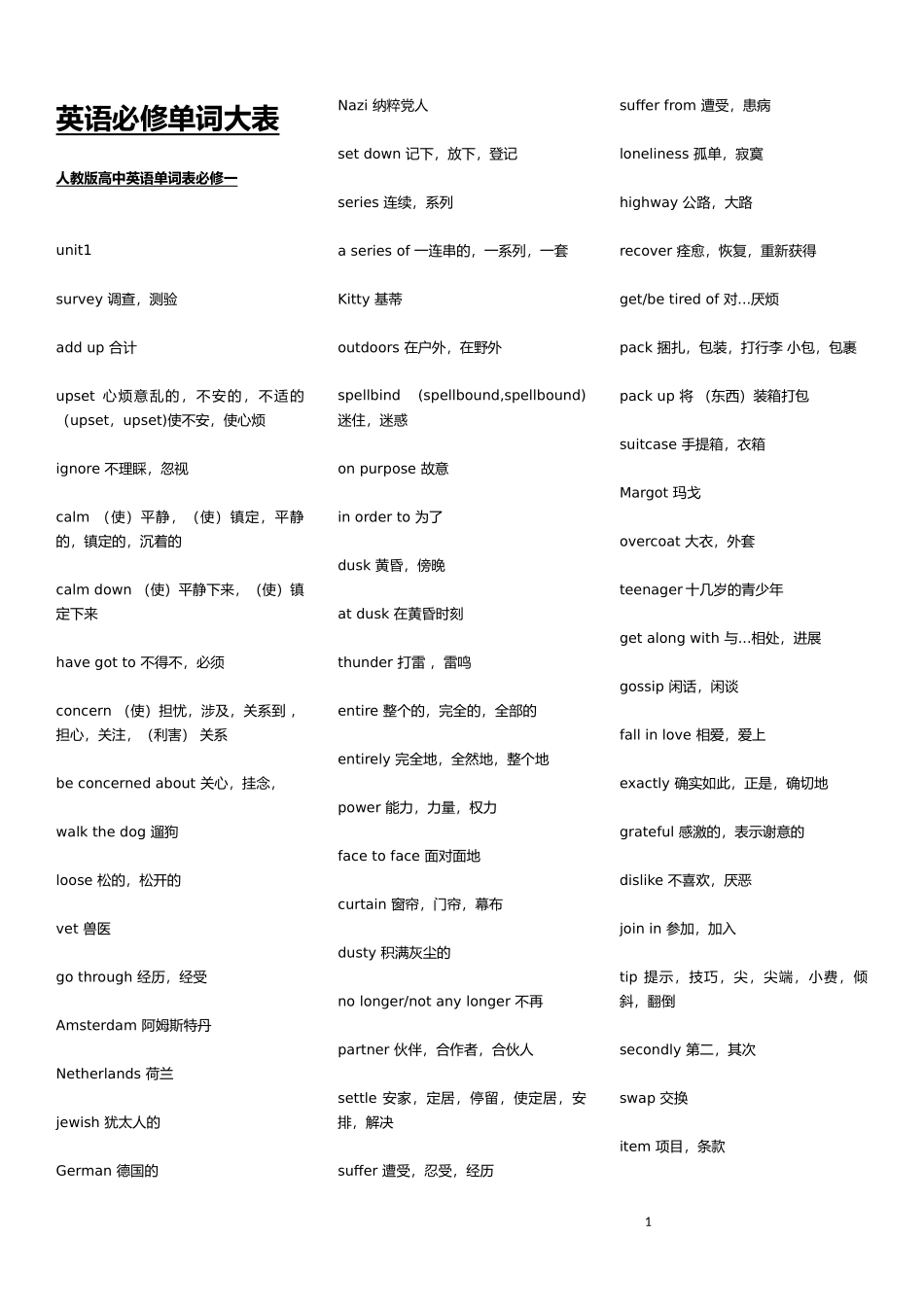 高中英语必修单词大表_第1页
