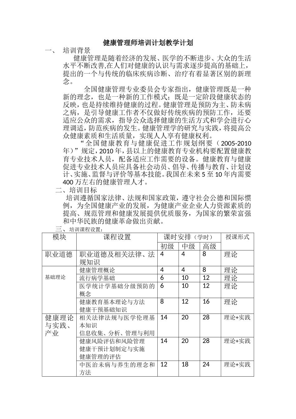 健康管理师培训计划教学计划_第1页