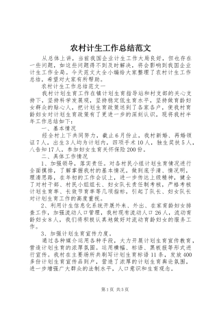 农村计生工作总结范文 