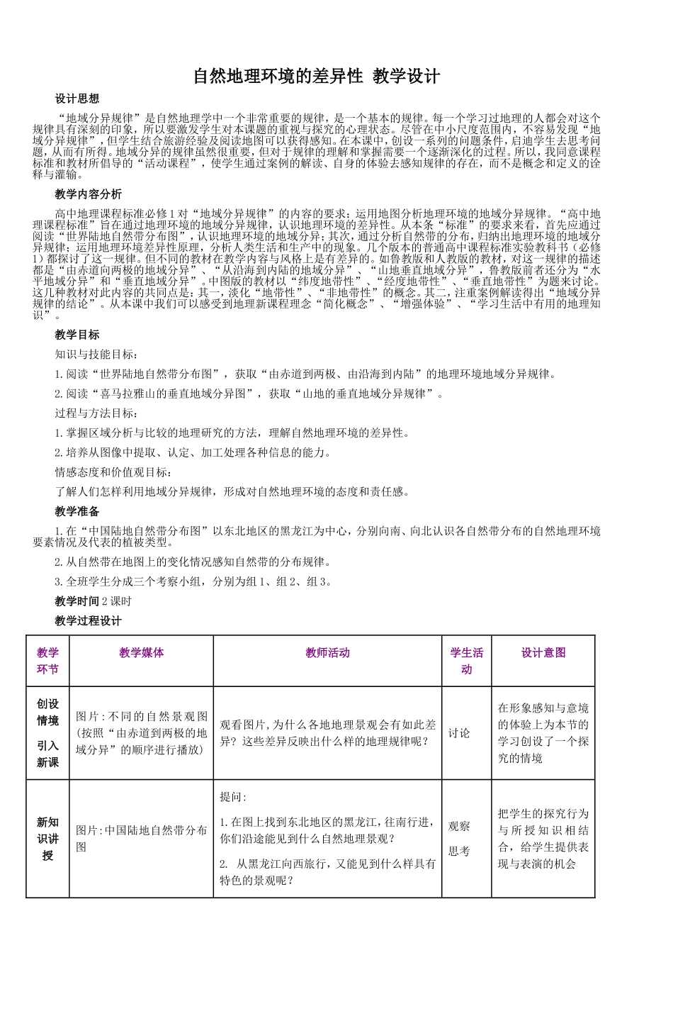 自然地理环境的差异性教学设计_第1页