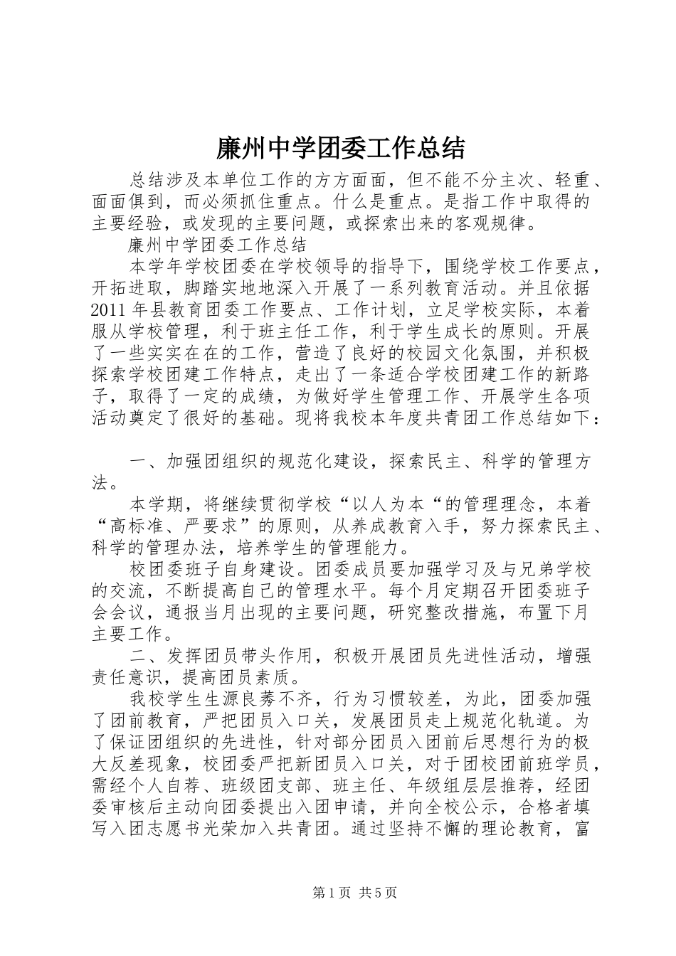 廉州中学团委工作总结 _第1页