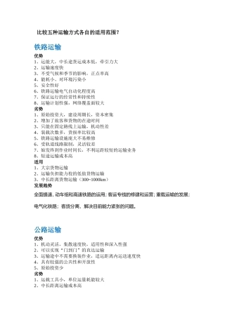 比较五种运输方式各自的适用范围