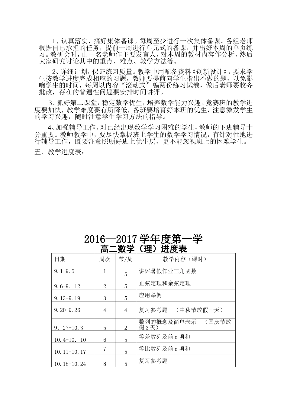 高二数学上学期教学计划(含教学进度)[1]_第2页