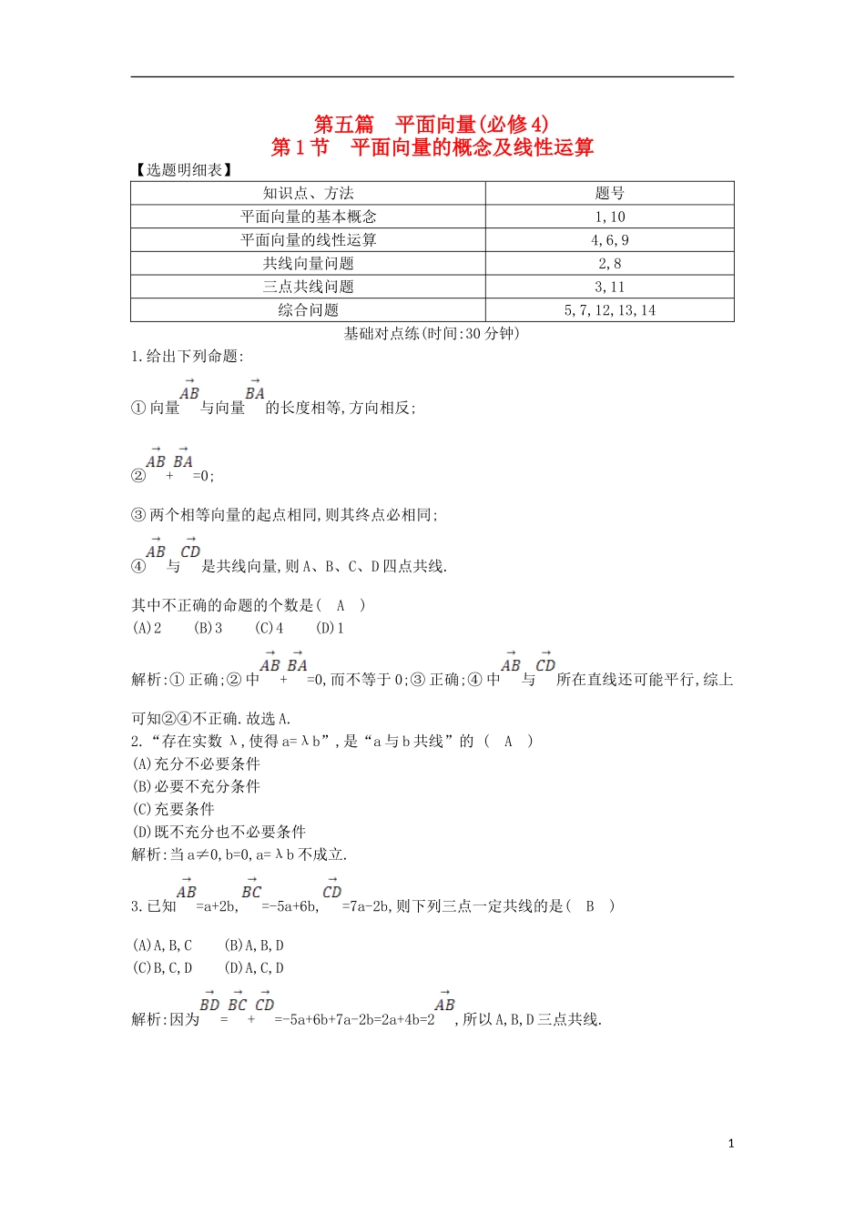 导与练普通班2017届高三数学一轮复习第五篇平面向量第1节平面向量的概念及线性运算基丛点练理_第1页