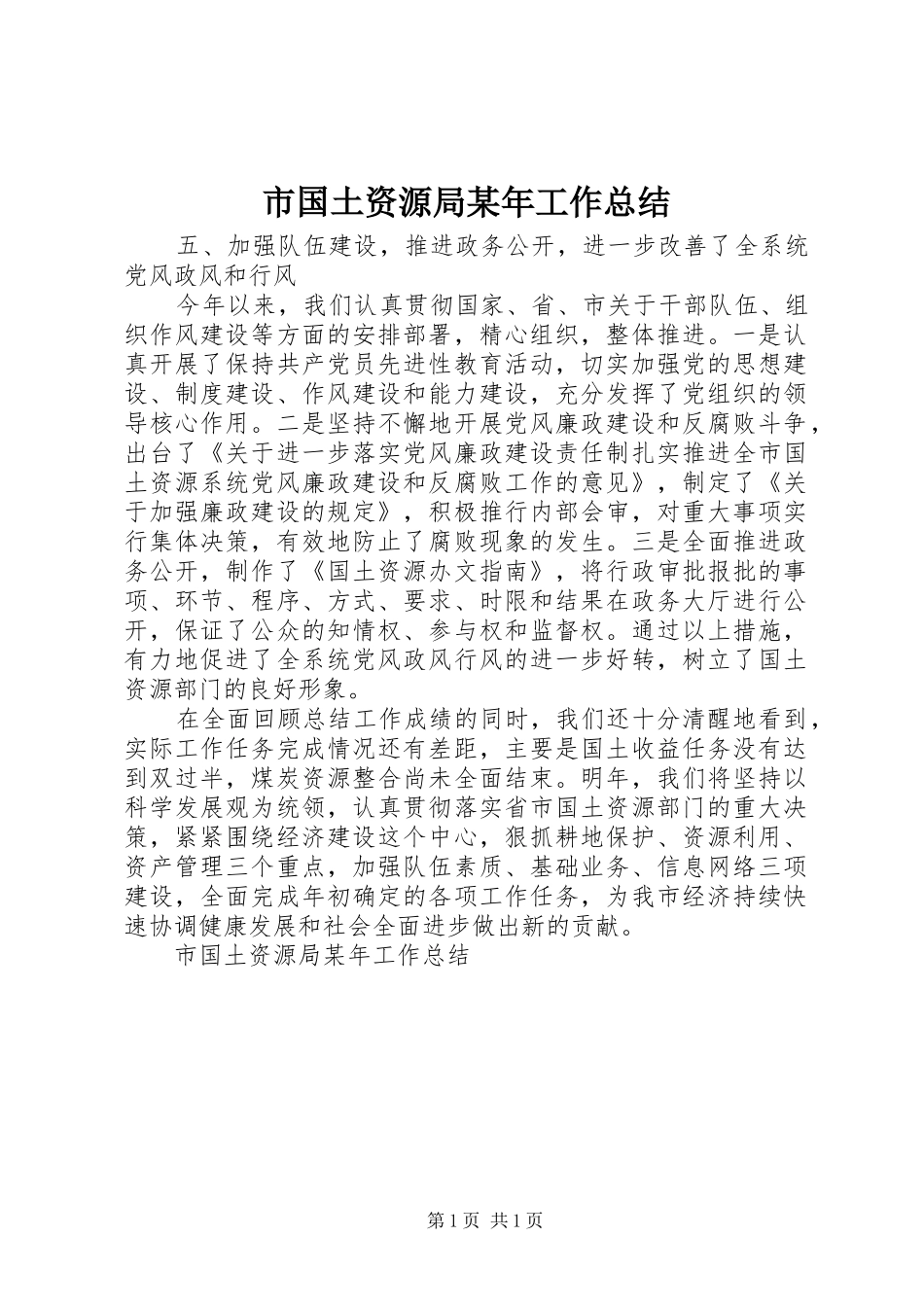 市国土资源局某年工作总结 _第1页