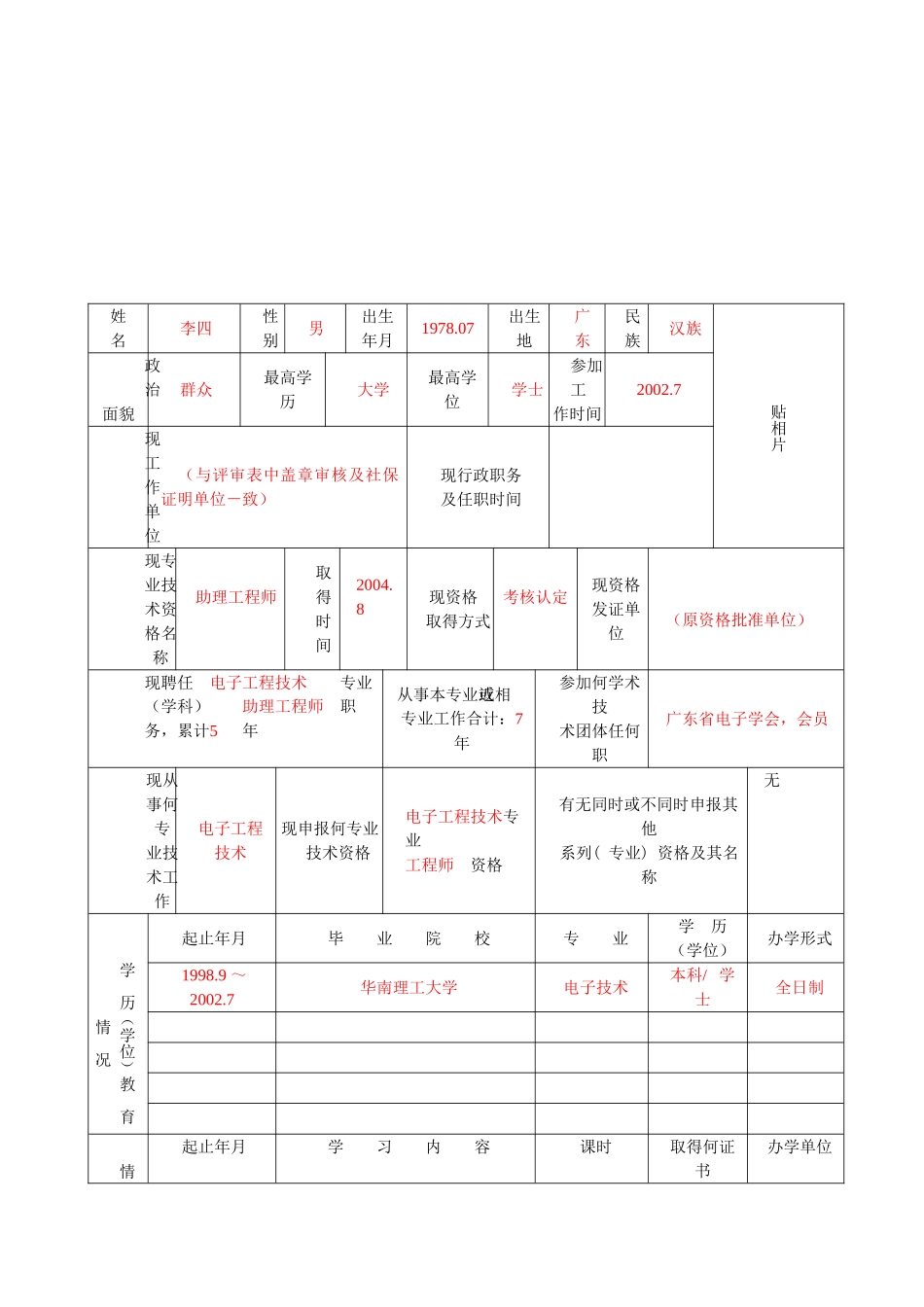 (表二)广东省专业技术资格评审表(范本)_第3页