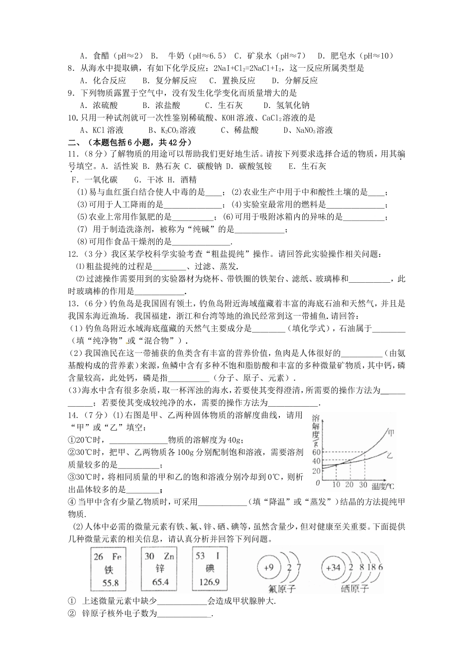 九年级化学下学期阶段性学习效果评价试卷(2)试卷_第2页