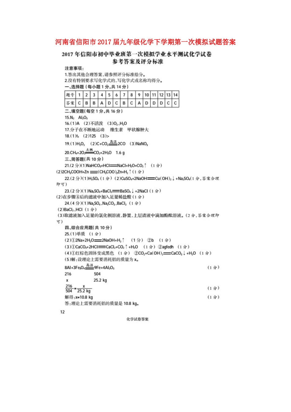 九年级化学下学期第一次模拟试卷答案 041713_第1页