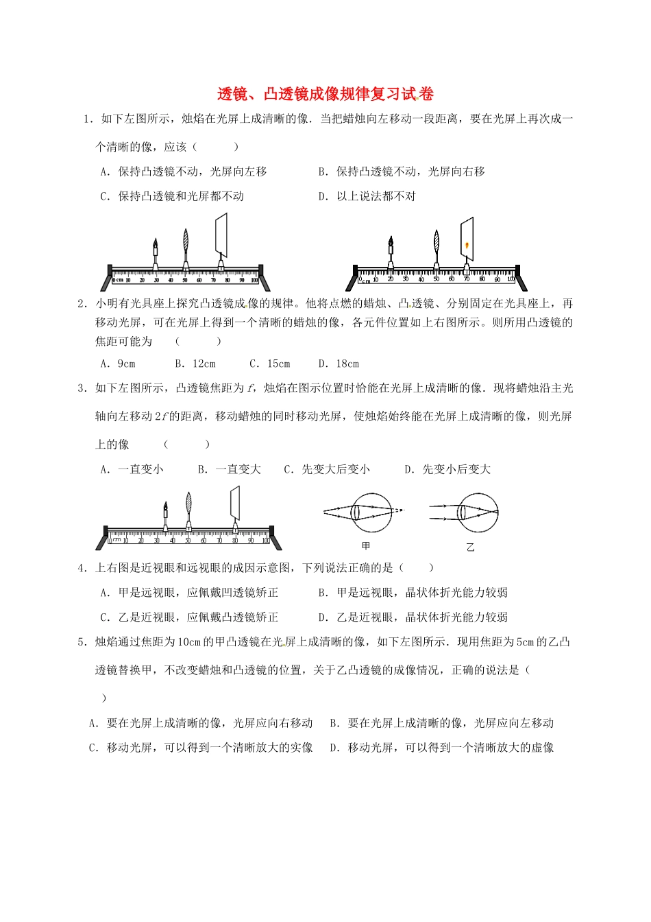 中考物理复习 透镜、凸透镜成像规律1试卷_第1页