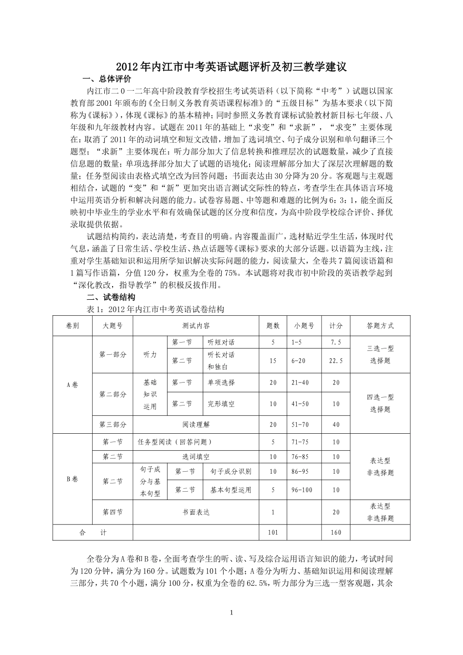 2012年内江市中考英语试题评析及初三教学建议_第1页