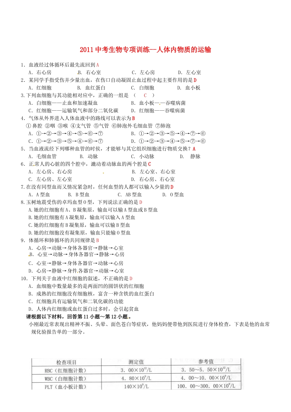 中考生物专项训练-人体内物质的运输试卷_第1页