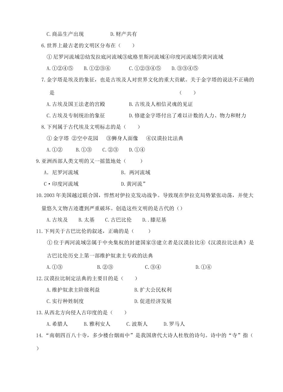 九年级历史期中综合测试卷 华东师大版试卷_第2页