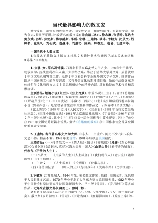 当代最具影响力的散文家、作家简介及其代表作