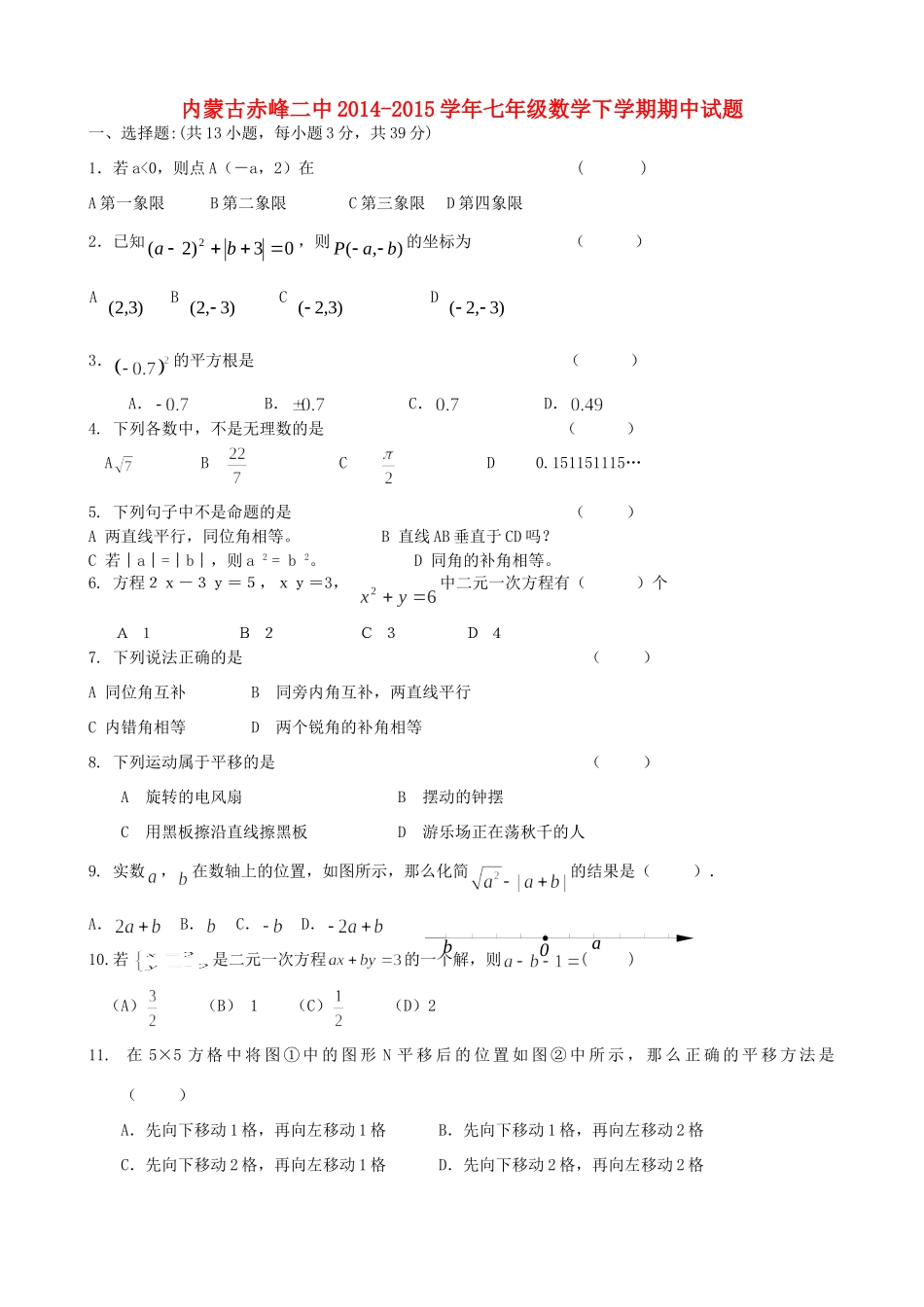 内蒙古赤峰二中七年级数学下学期期中试题(无答案) 新人教版 试题_第1页