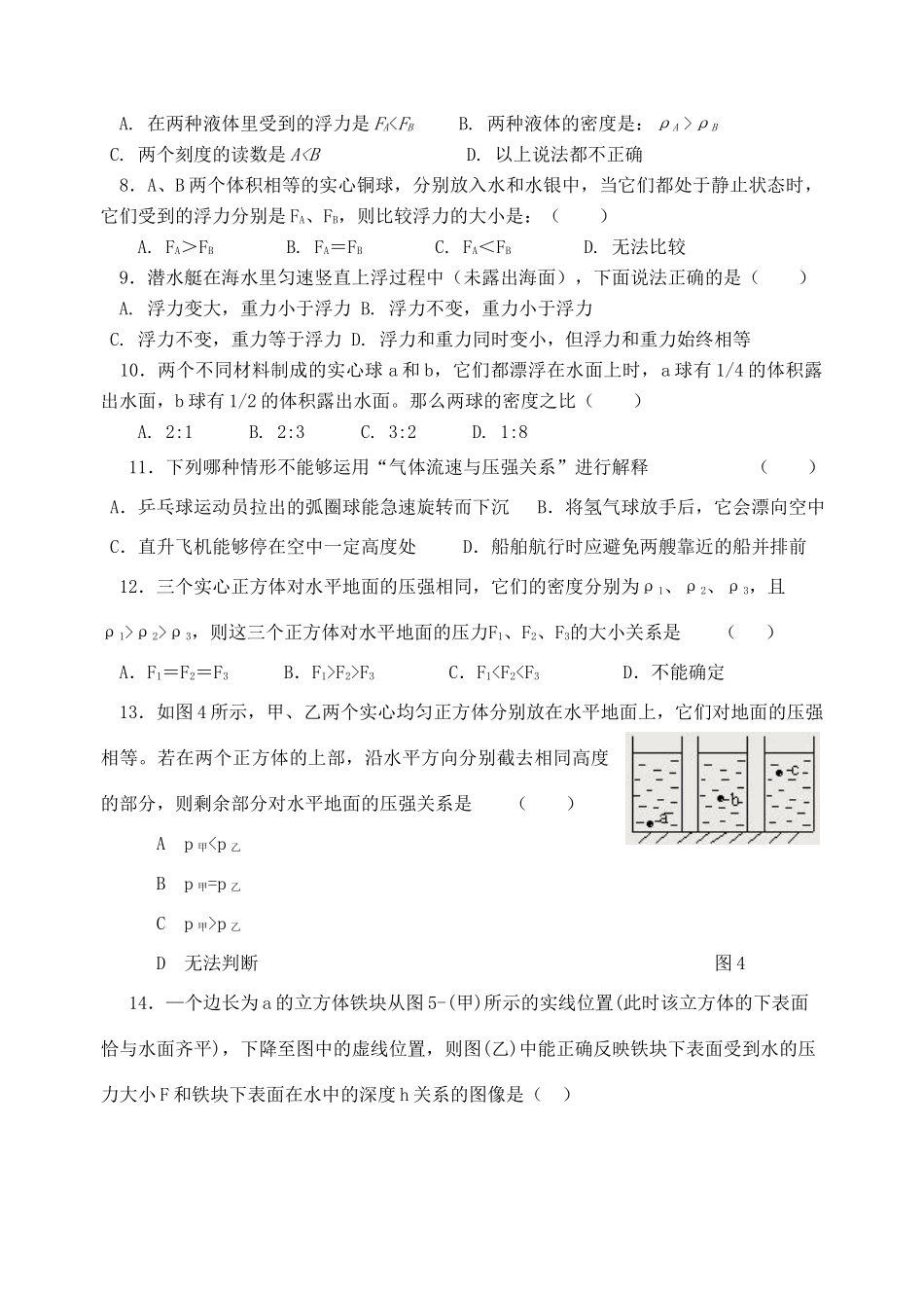 中考科学专题复习 压强与浮力 华师大版试卷_第2页