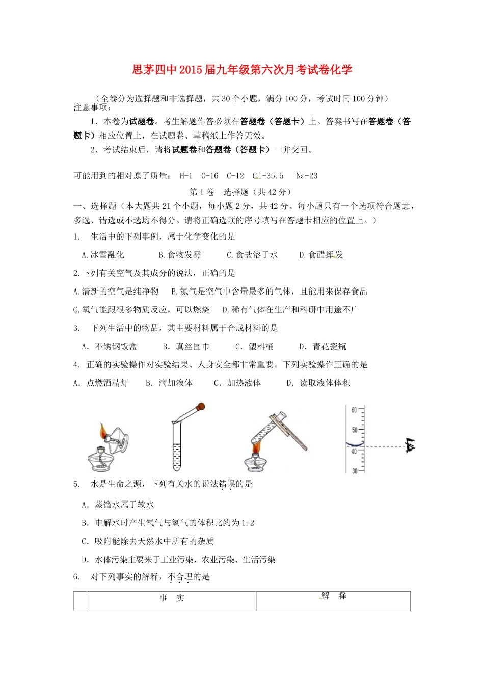 九年级化学下学期第六次月考试卷 新人教版试卷_第1页