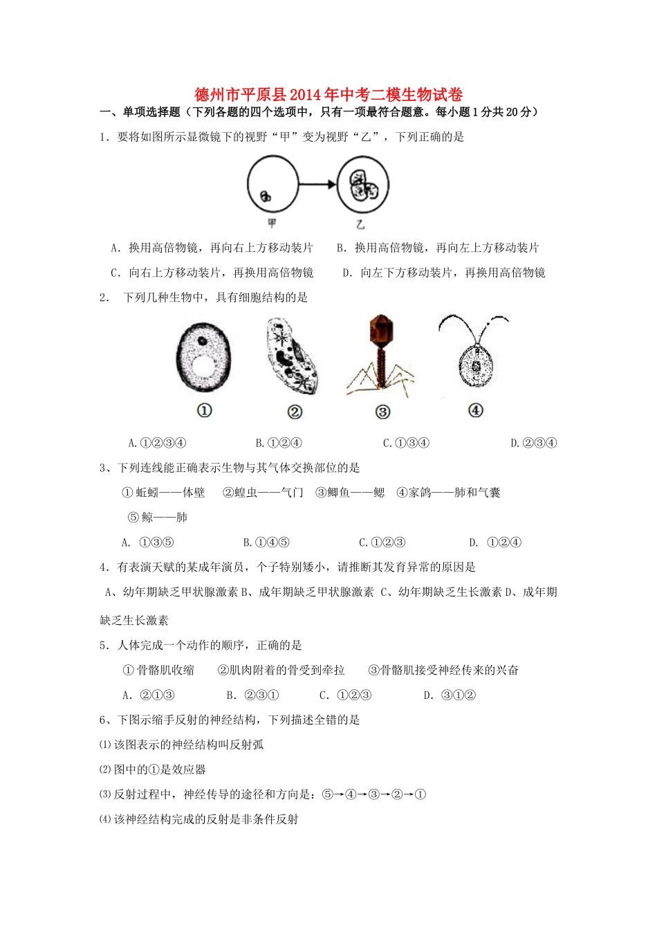 中考生物二模试卷(无答案)试卷_第1页