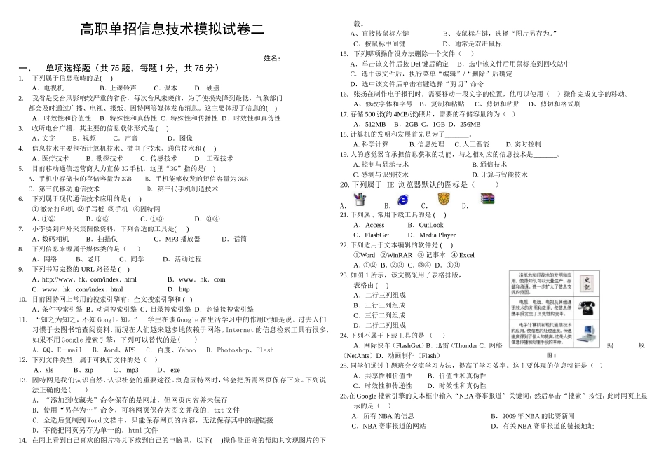 高职单招信息技术模拟试卷2_第1页