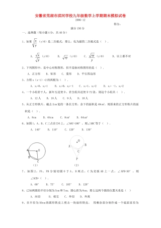九年级数学上学期期末模拟试卷 新课标 人教版试卷