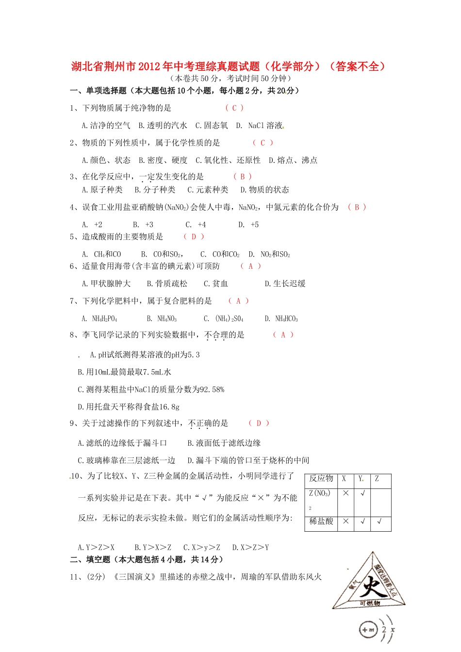 中考理综真题试卷(化学部分)(答案不全)试卷_第1页