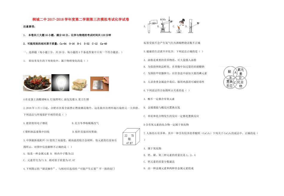 九年级化学下学期第三次模拟考试试卷_第1页