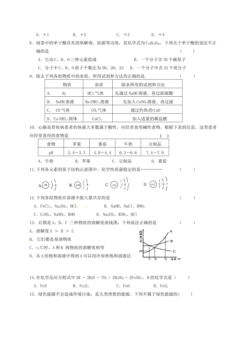 九年级化学第一次模拟考试试卷  新人教版试卷_第2页