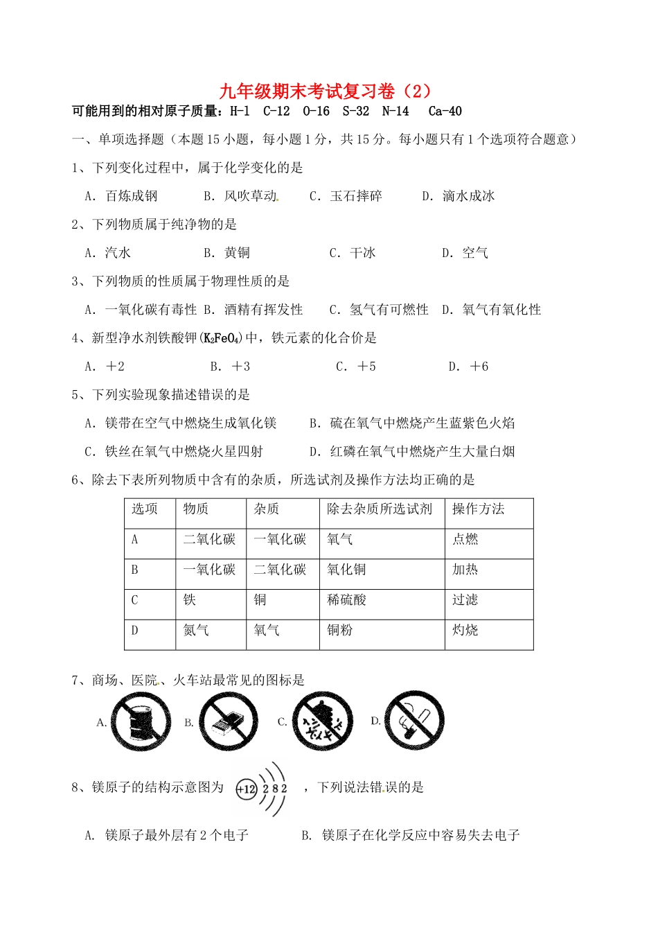 九年级化学期末考试复习卷(2) 新人教版试卷_第1页