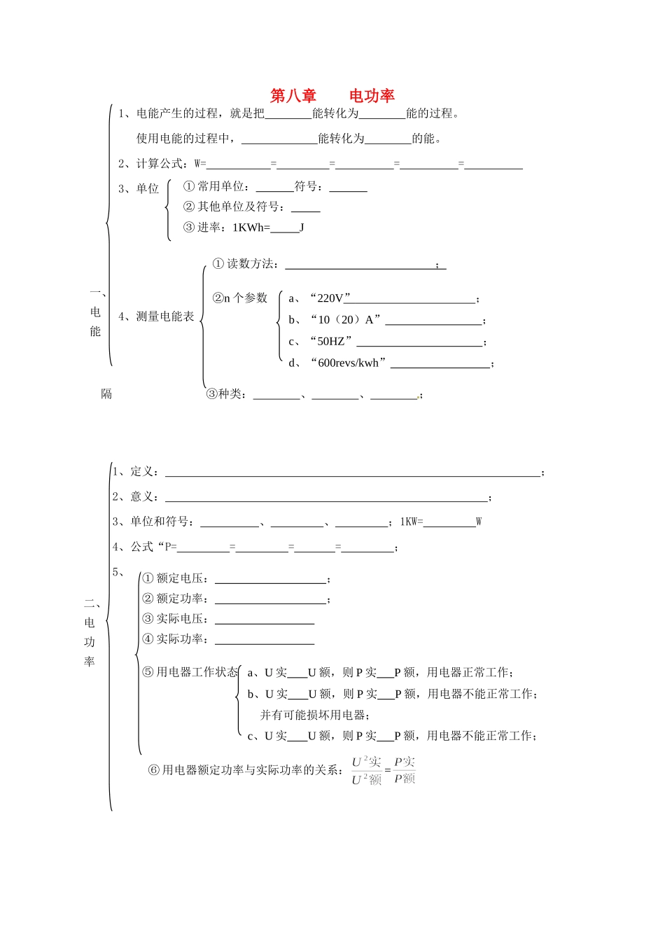 中考物理总复习 知识网络 第八章 电功率试卷_第1页
