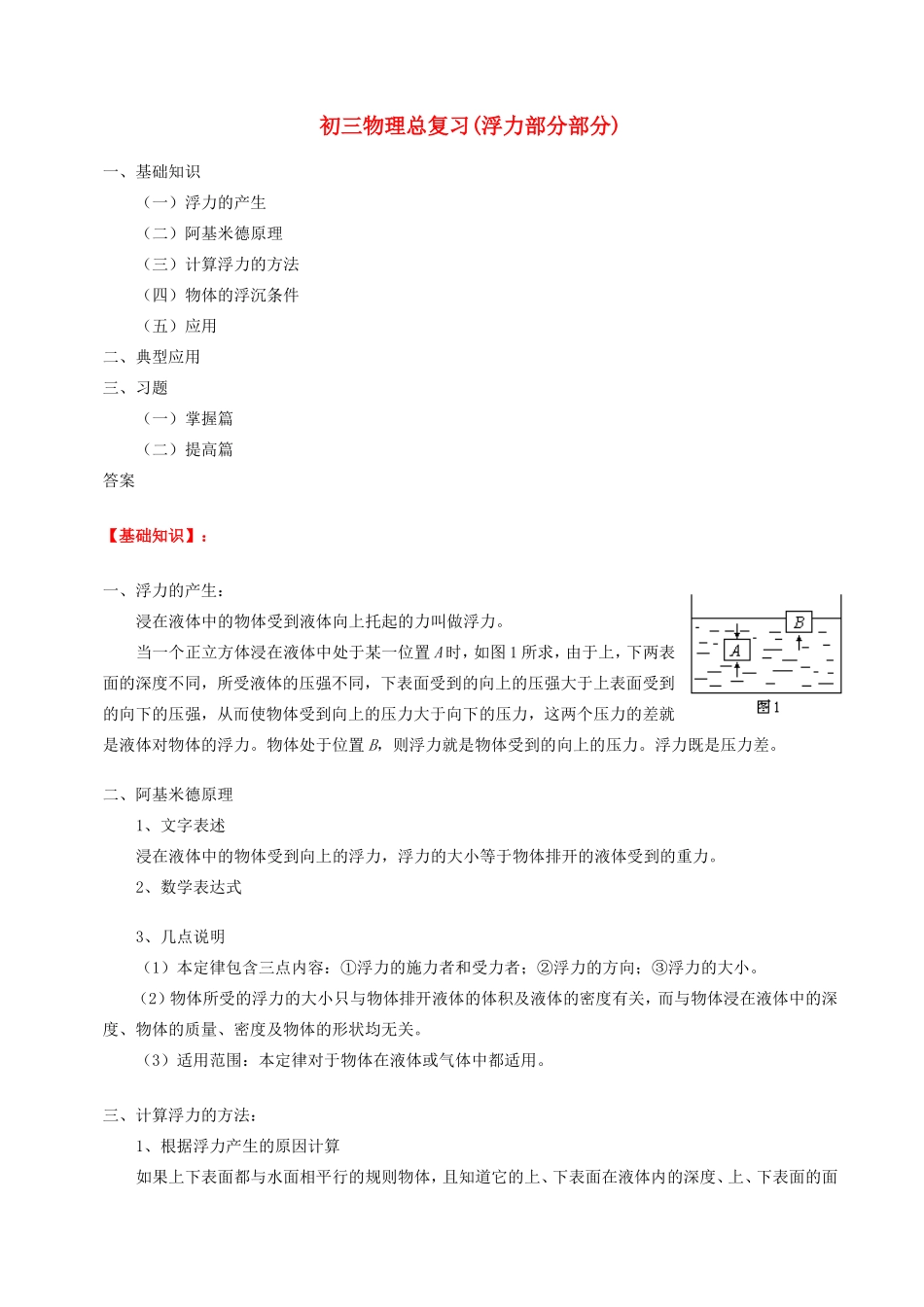 中考物理专题复习(浮力部分部分)试卷 沪科版试卷_第1页
