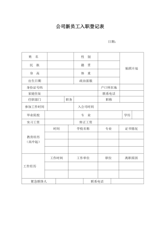 公司新员工入职登记表