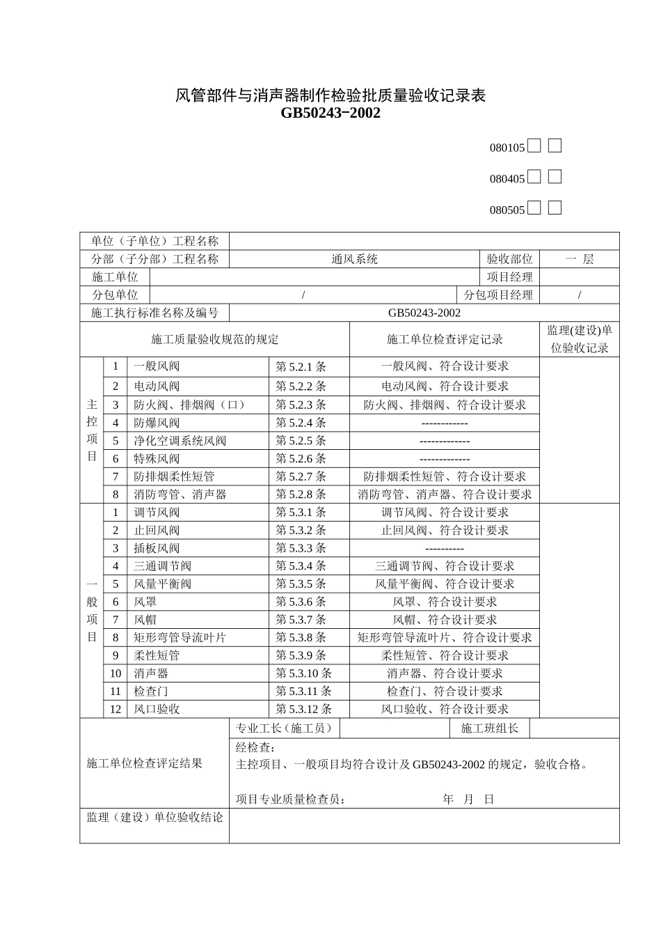 风管部件与消声器制作检验批质量验收记录表_第1页