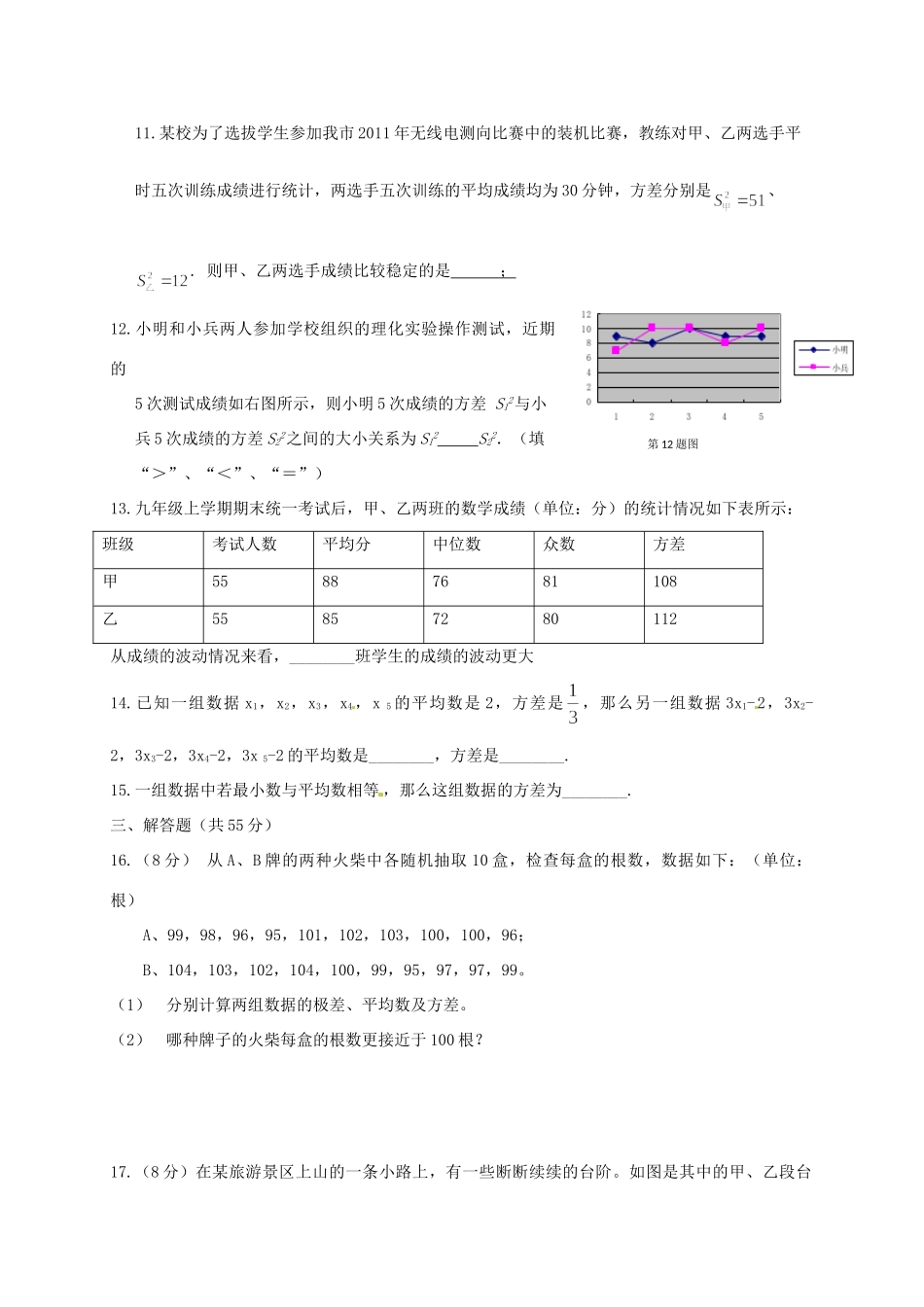九年级数学上册(数据的离散程度)单元测试卷 苏科版试卷_第2页