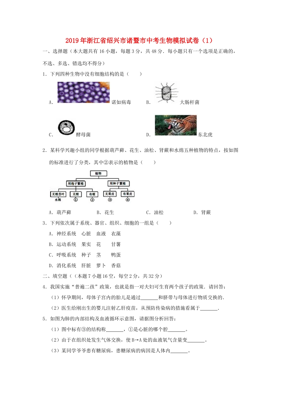 中考生物模拟试卷(1)试卷(00001)_第1页