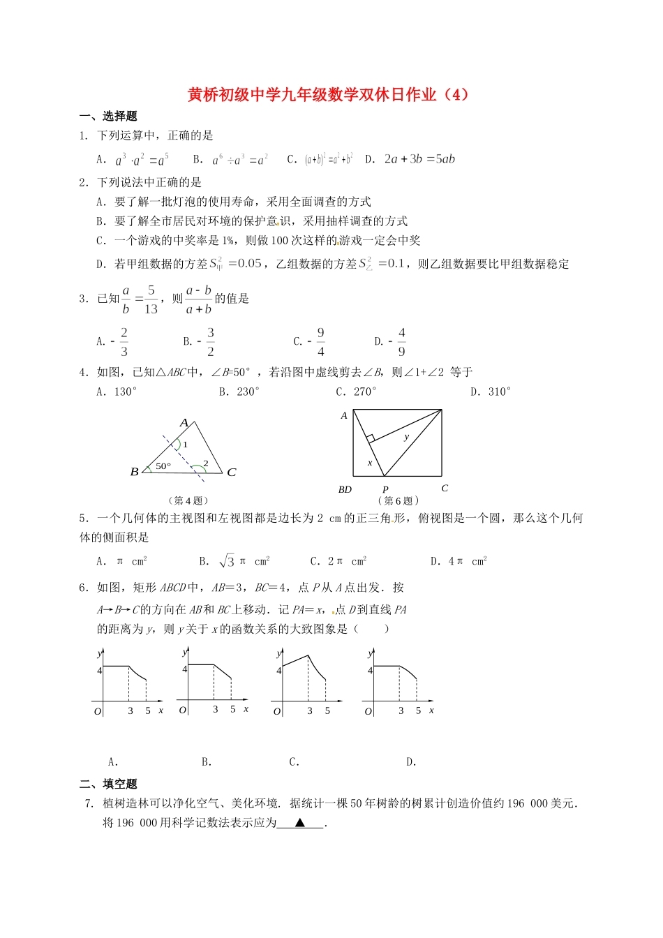九年级数学下学期双休日作业(4)试卷_第1页