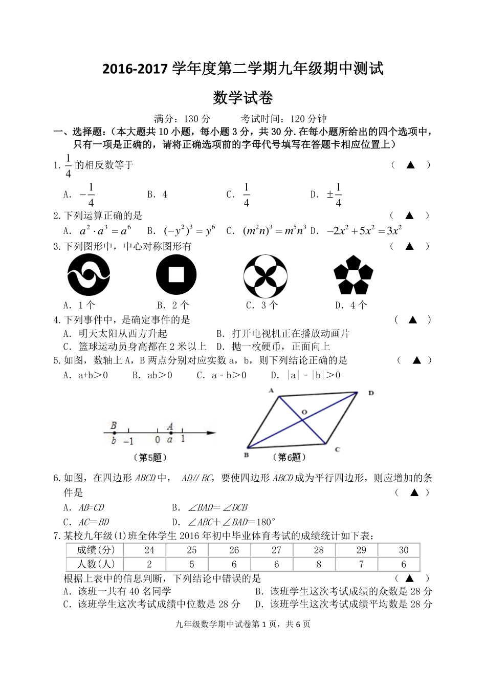 九年级数学下学期一模试卷(pdf) 041826_第1页