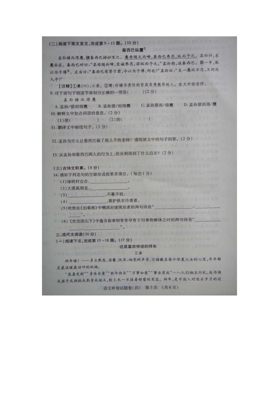 中考语文招生样卷试卷(四)试卷_第3页